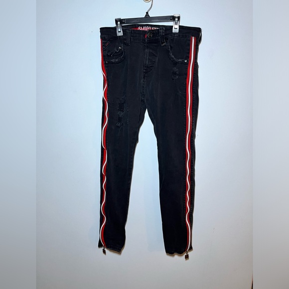 SMUGGLER’S MOON SUPER SKINNY BLACK DISTRESSED JEANS WITH REFLECTIVE TRIM. 34 - Picture 1 of 11